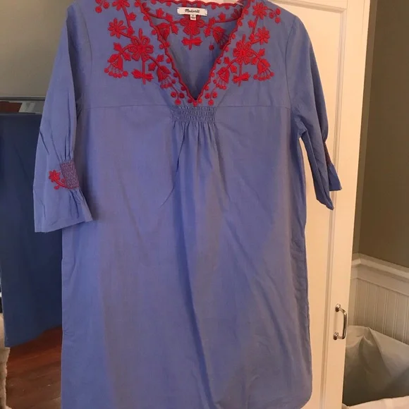 Madewell | Dresses | Madewell Blue Dress With Red Embroidery | Poshmark